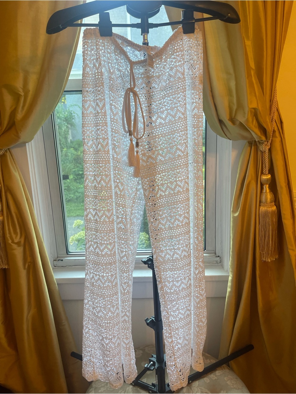 White Crochet Beach Pants with Tassel Tie